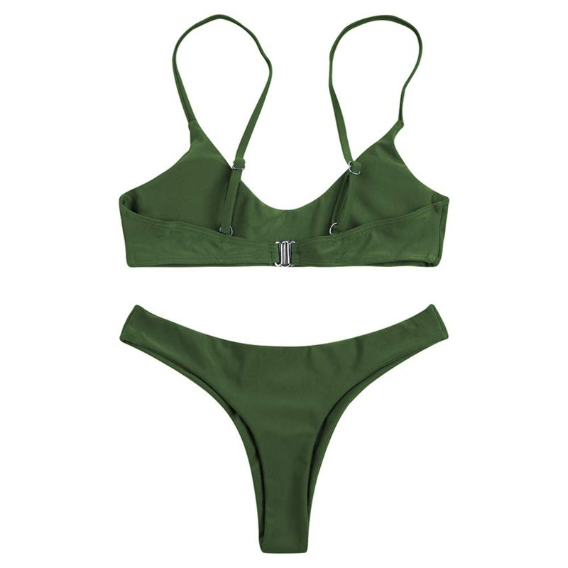 SherryDC Women's Solid Scoop Neck Push up Padded Brazilian Thong Bikini Swimsuit Army Green,M - Image 3